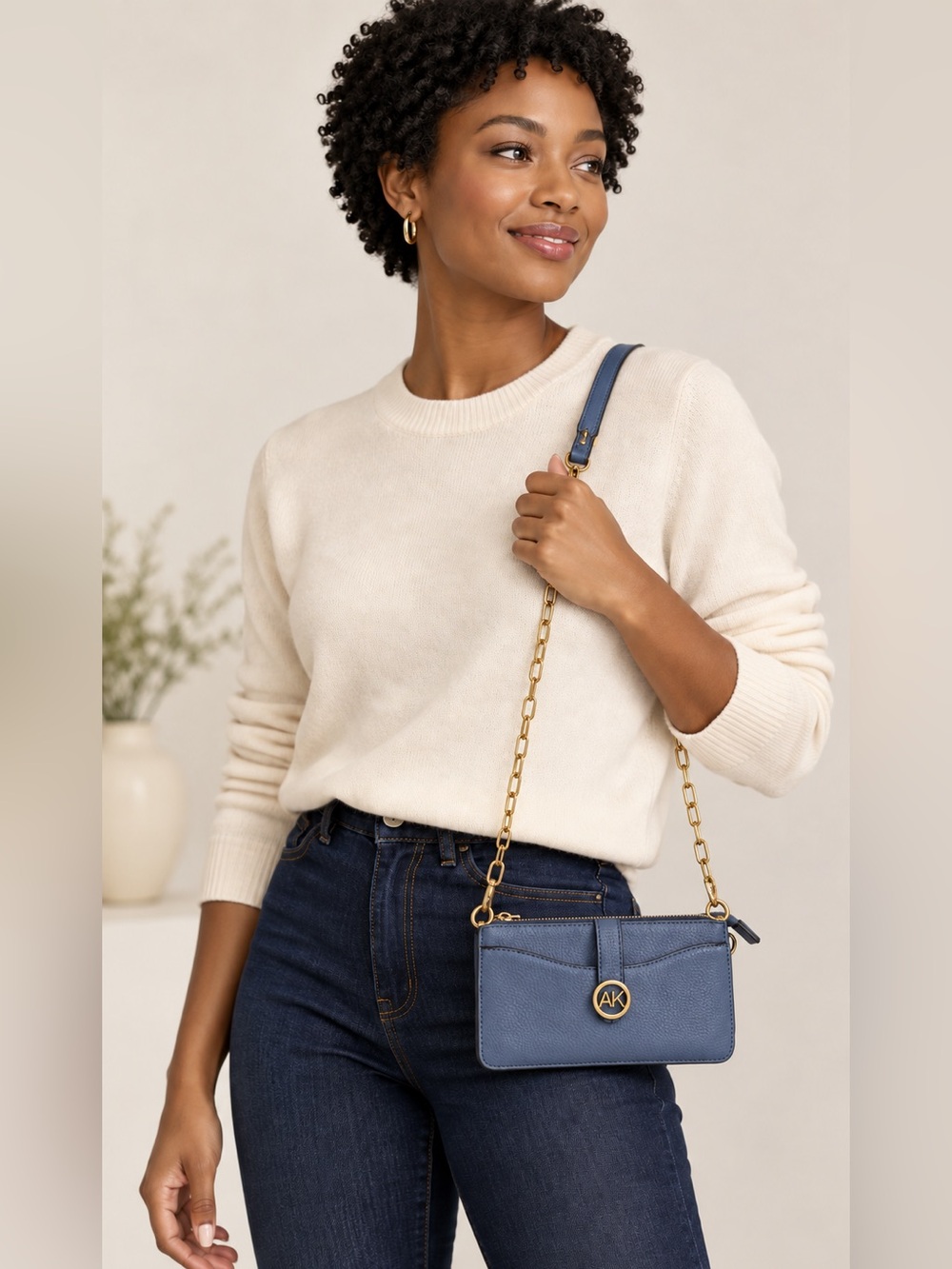 Anne Klein Blue Pebbled Wallet Crossbody with Gold Chain Strap